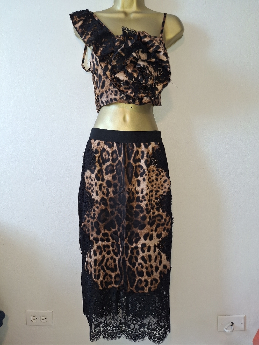 Leopard Print Lace-Trim Midi Skirt - Brown